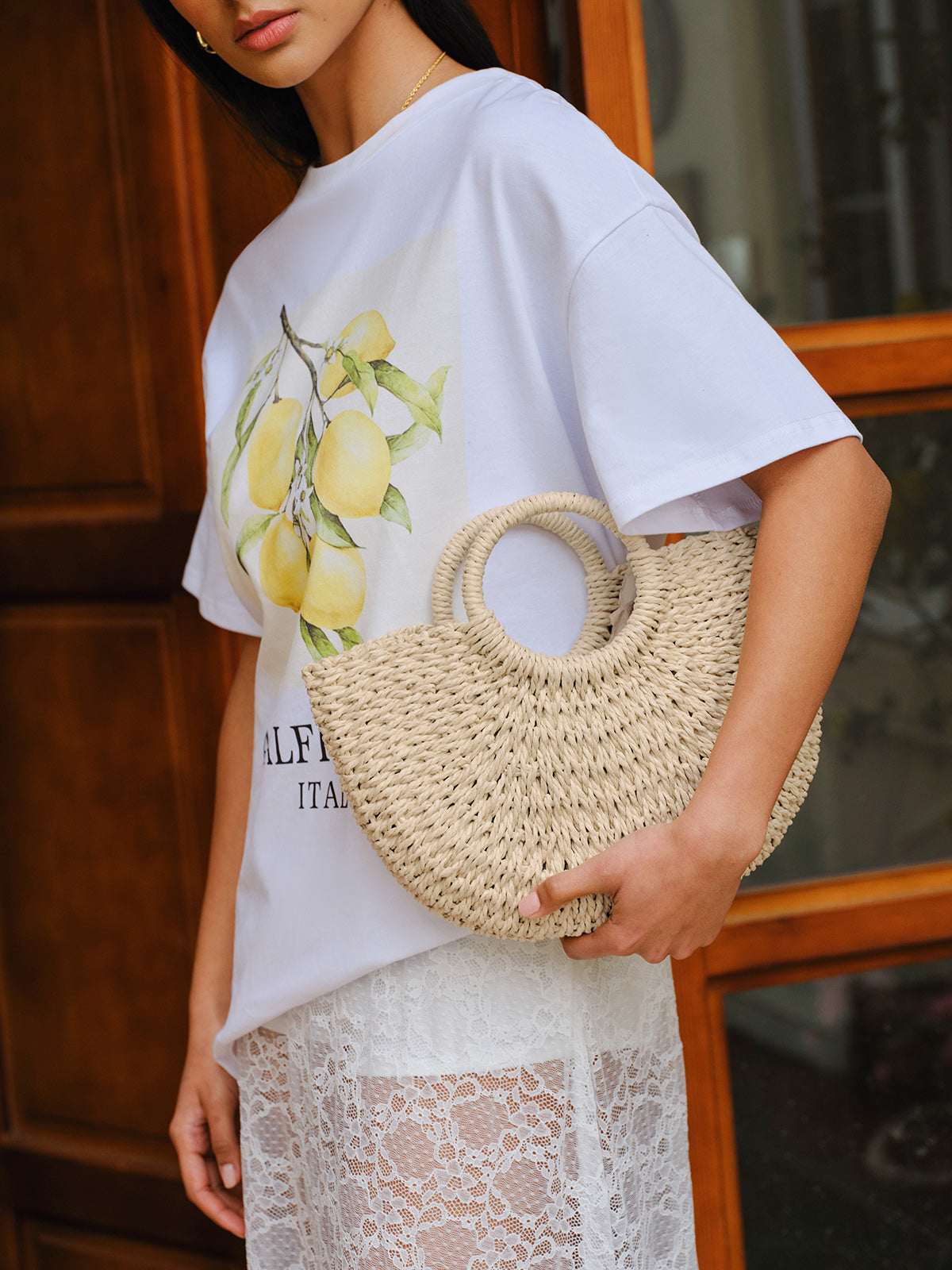 Sac fourre-tout en paille tissée, design demi-lune