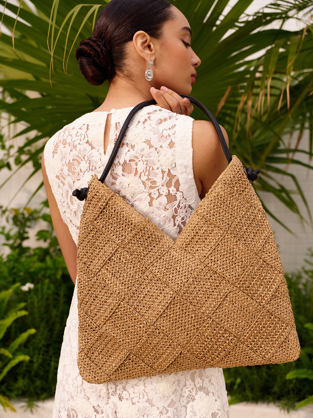 Sac Tissé avec Poignée en Cuir